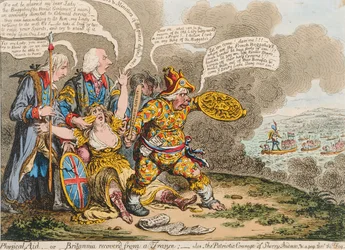 Physische Hilfe oder Britannia aus einer Trance erholt: auch, Der patriotische Mut von Sherry Andrews und ein Blick in den Nebel, veröffentlicht von Hannah Humphrey im Jahr 1803